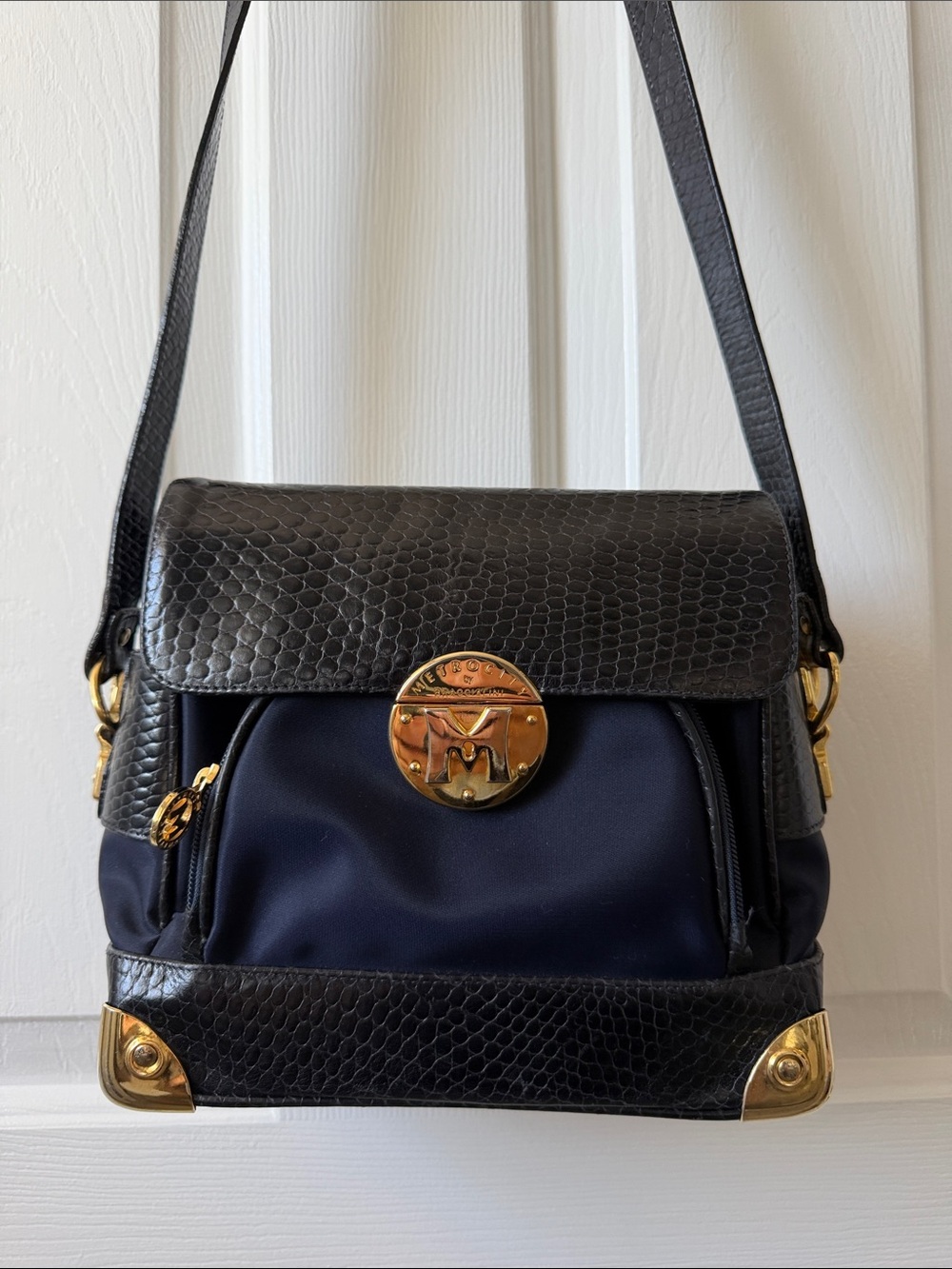 Metrocity by Braccalini Navy Nylon & Black Textured Leather Shoulder Bag